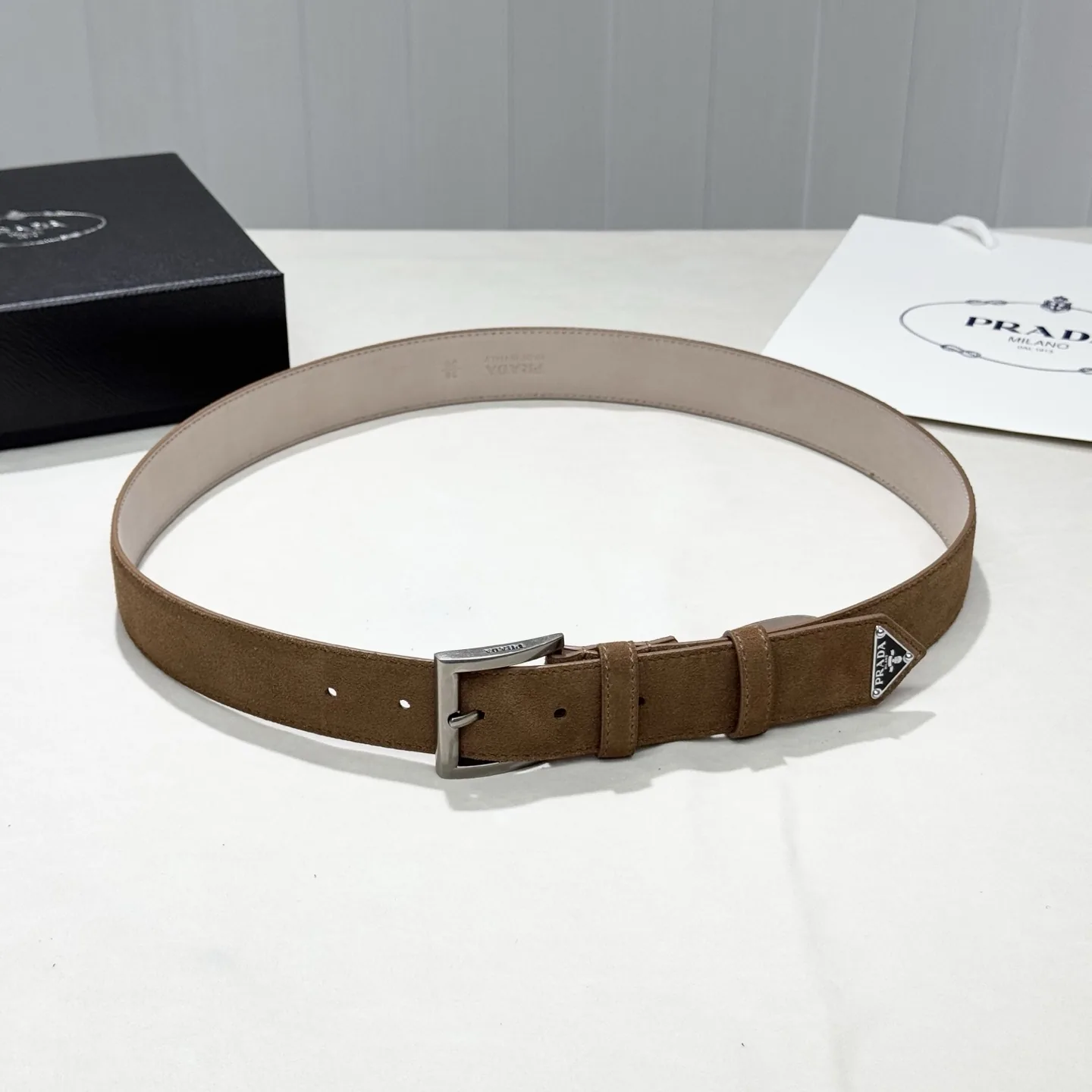 Prada Triangle Logo Suede Belt 35mm