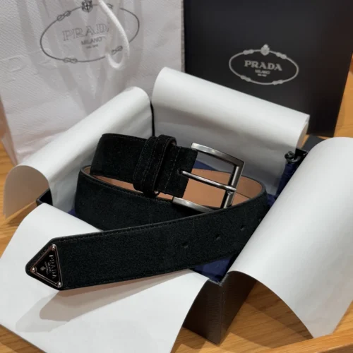 Prada Men's Triangle Logo Suede Calfskin Belt 35mm