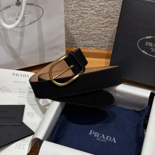 Prada Triangle Logo Suede Calfskin Belt 33mm
