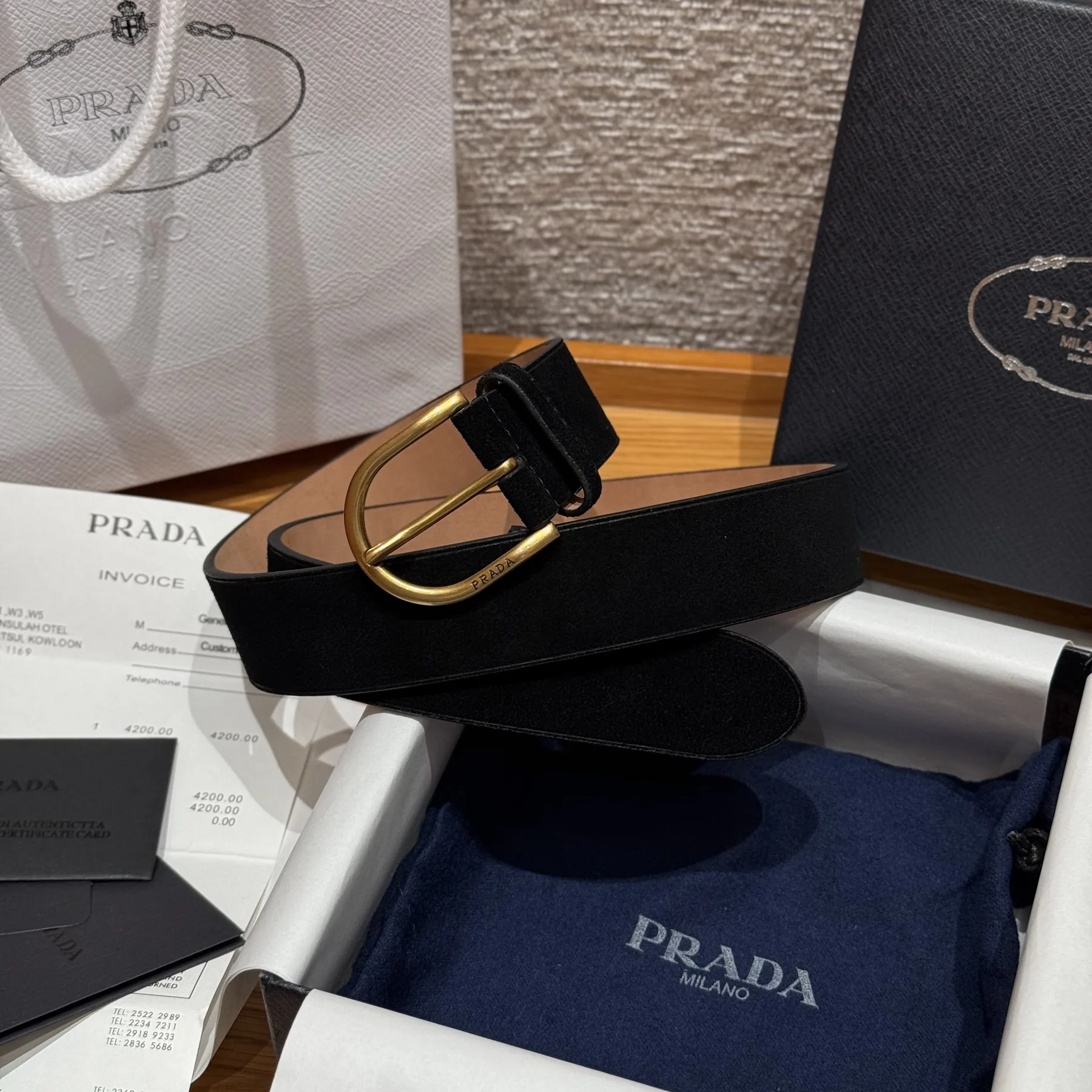 Prada Triangle Logo Suede Calfskin Belt 33mm