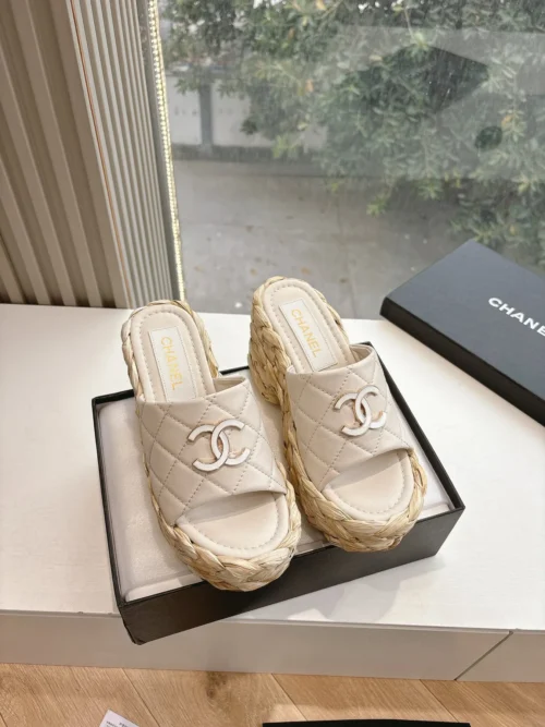 Chanel Lambskin Wedge Chain-Detail Sandals