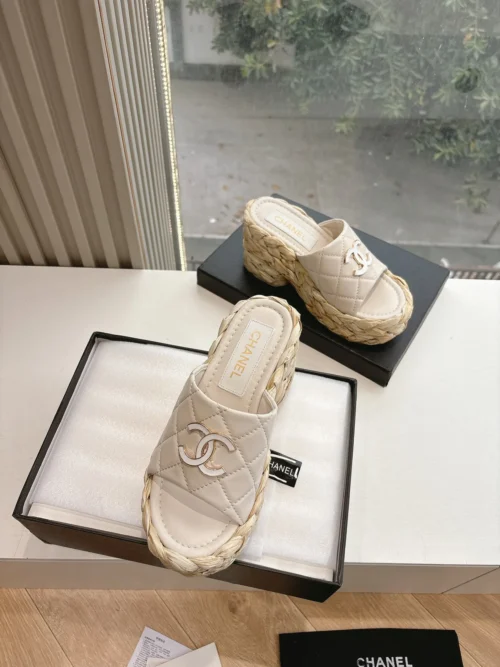 Chanel Lambskin Wedge Chain-Detail Sandals