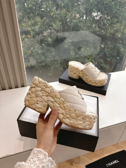 Chanel Lambskin Wedge Chain-Detail Sandals