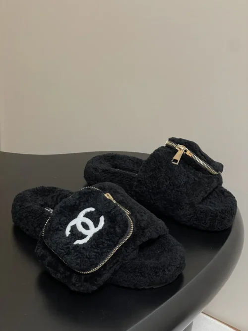 Chanel Shearling Platform Slides
