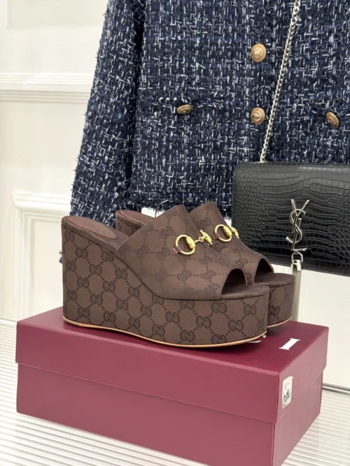 Gucci Lambskin Peep-Toe Wedge Platform Slides
