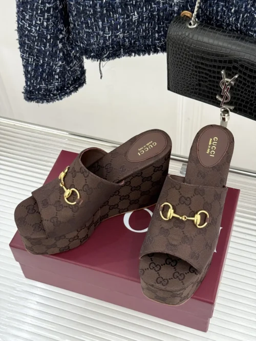 Gucci Lambskin Peep-Toe Wedge Platform Slides