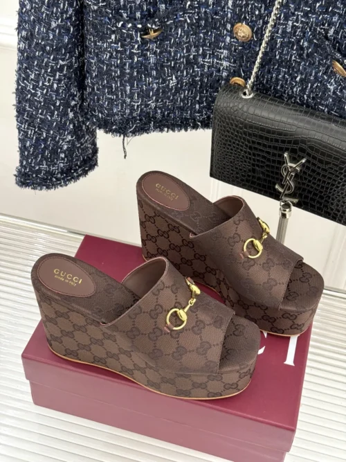 Gucci Lambskin Peep-Toe Wedge Platform Slides