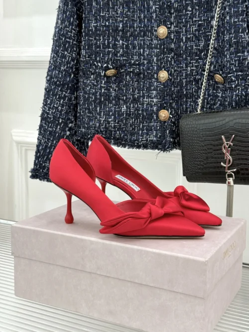 Jimmy Choo Lambskin Pointed-Toe Bow-Detail Heeled Sandals