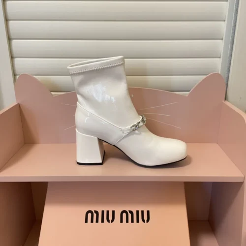 Miu Miu Patent Leather Buckle Chain-Detail Ankle Boots