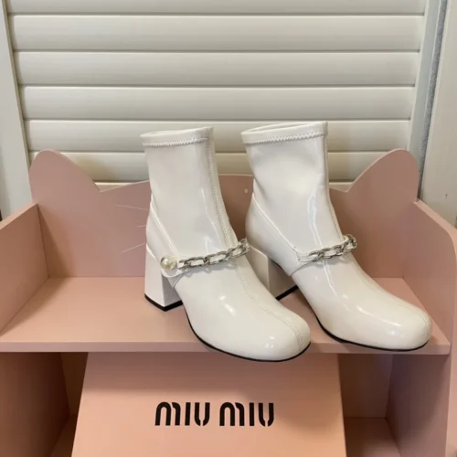 Miu Miu Patent Leather Buckle Chain-Detail Ankle Boots