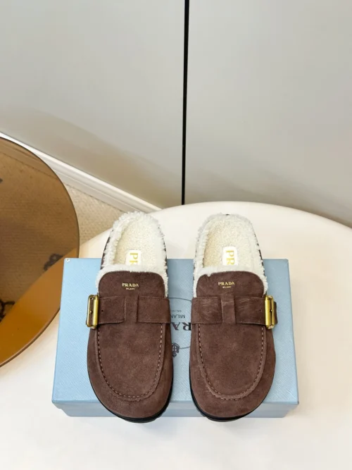 Prada Suede Platform Buckle Mules