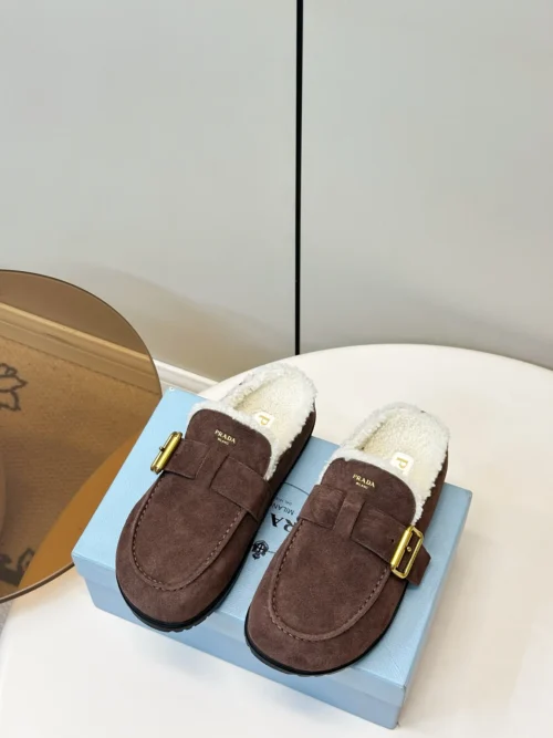 Prada Suede Platform Buckle Mules