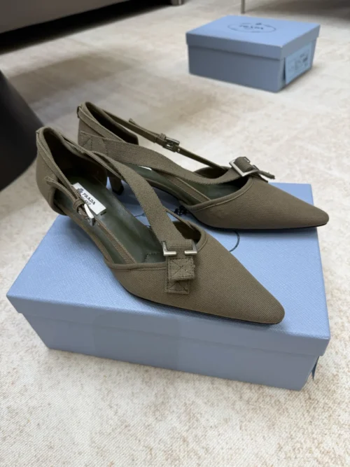 Prada Canvas Pointed-Toe Buckle Pumps