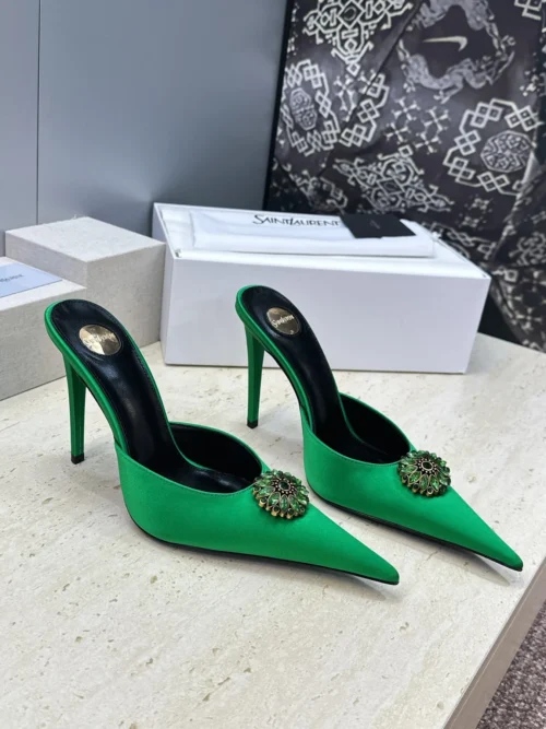 Saint Laurent Lambskin Pointed-Toe Crystal-Embellished Heeled Mules