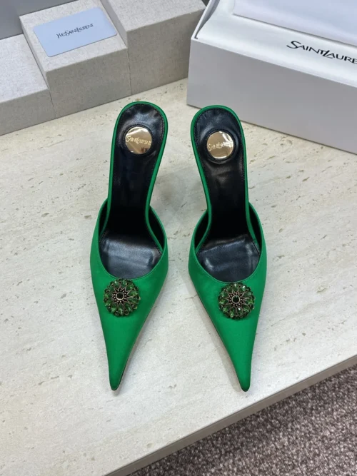 Saint Laurent Lambskin Pointed-Toe Crystal-Embellished Heeled Mules