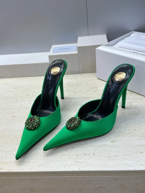 Saint Laurent Lambskin Pointed-Toe Crystal-Embellished Heeled Mules