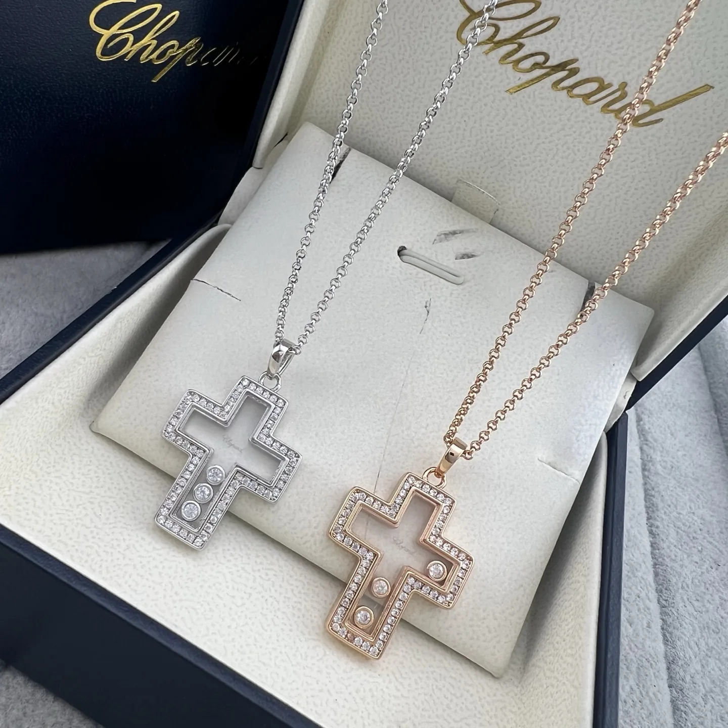 Chopard Happy Diamonds Cross Three-Stone Pavé Necklace