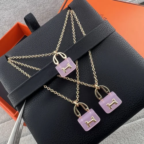 Hermes Pink Stone Handbag Pendant Necklace
