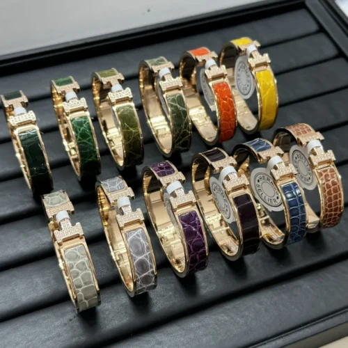 Hermes Leather H Letter Pavé Bangle Bracelet