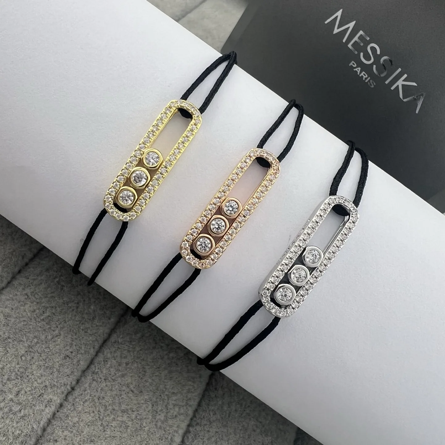 Messika Three-Stone Pavé Black Cord Bracelet