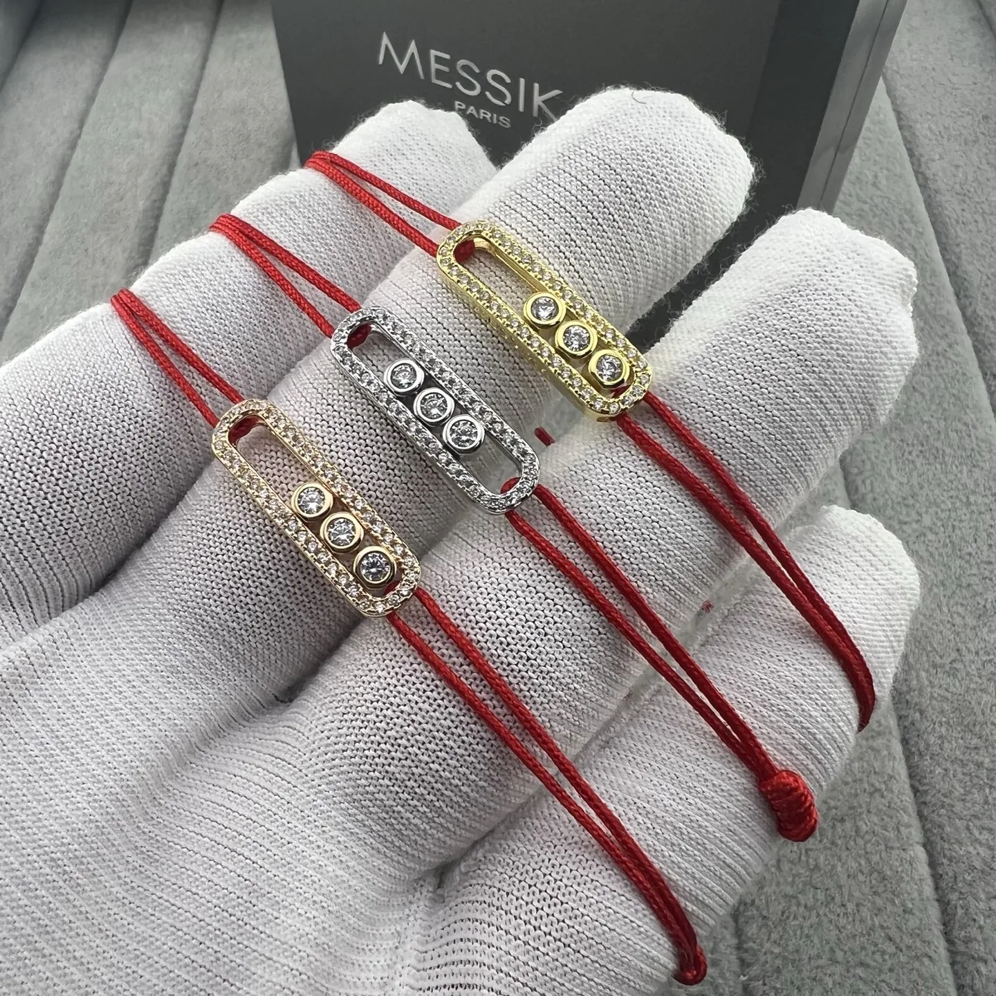 Messika Three-Stone Pavé Red Cord Bracelet