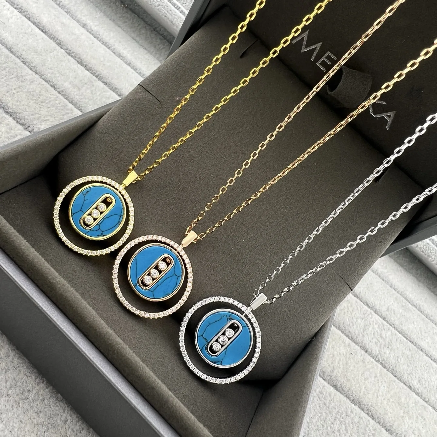 Messika Turquoise Three-Stone Pavé Long Necklace