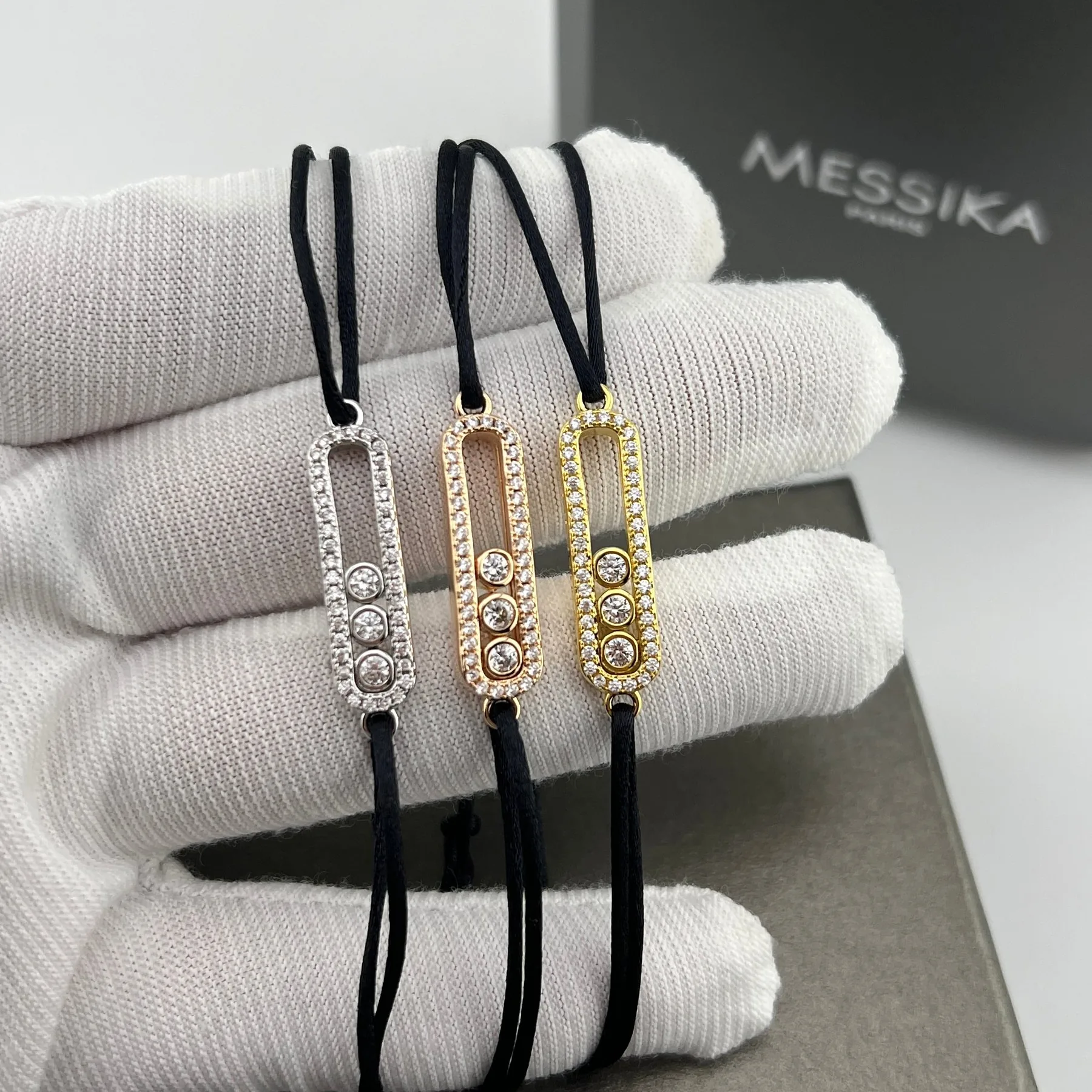 Messika Three-Stone Sliding Black Cord Bracelet