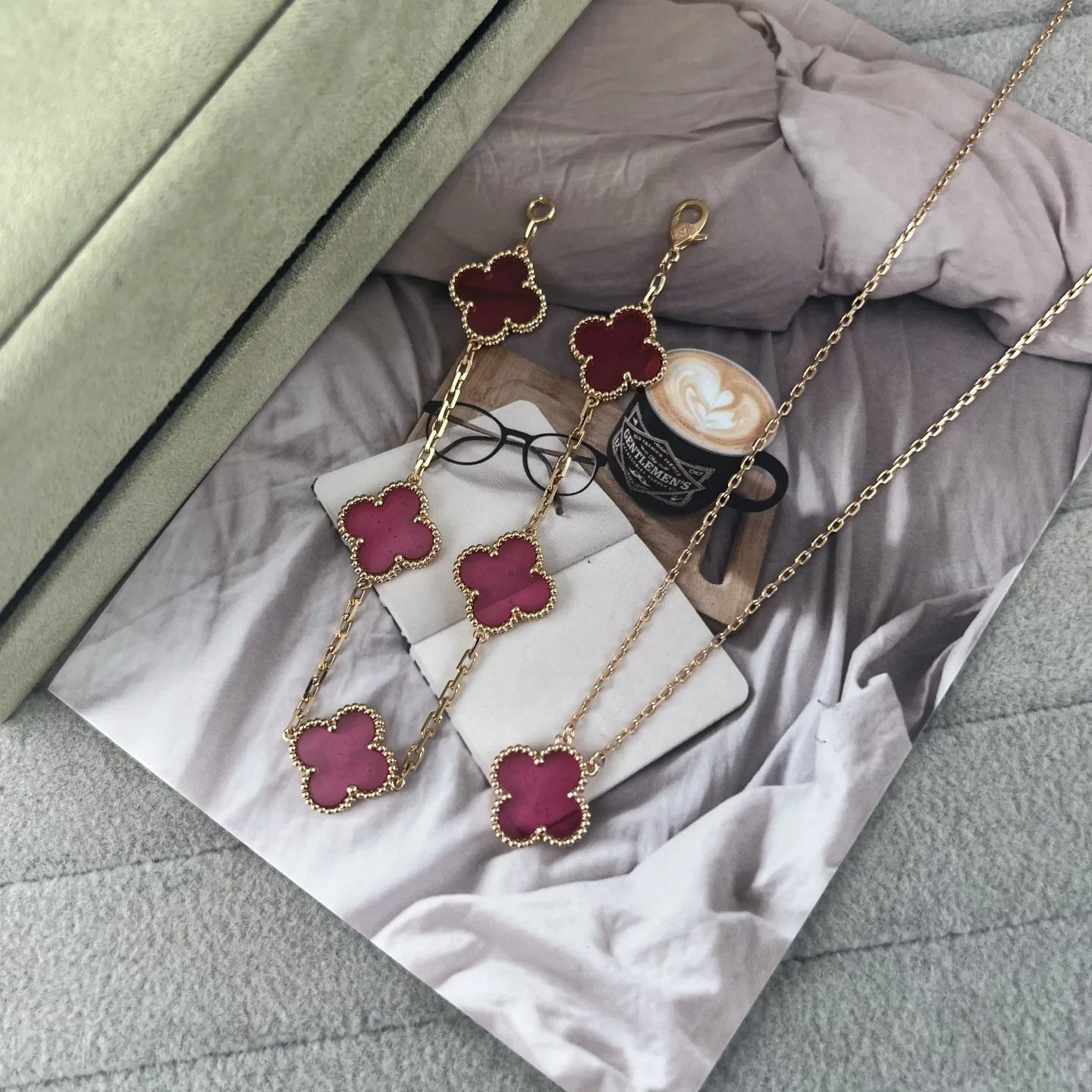 Van Cleef & Arpels Pink Stone Clover Necklace
