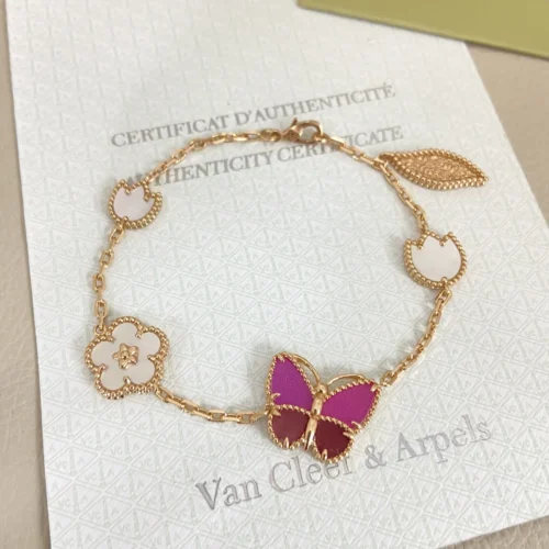 Van Cleef & Arpels Pink Stone Butterfly Five-Motif Bracelet