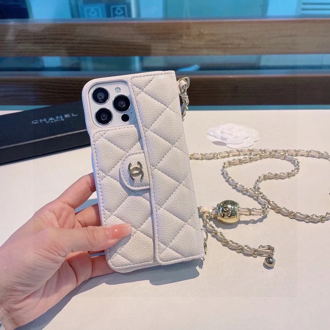 PCCHANEL0096-01 Chanel Caviar-Texture Quilted Flip Cardholder Phone Case with CC Ball-Adjustable Chain - Ref. PCCHANEL0096
