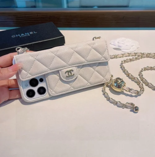 Chanel Caviar-Texture Quilted Flip Cardholder Phone Case with CC Ball-Adjustable Chain - Ref. PCCHANEL0096