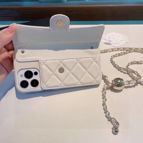 Chanel Caviar-Texture Quilted Flip Cardholder Phone Case with CC Ball-Adjustable Chain - Ref. PCCHANEL0104