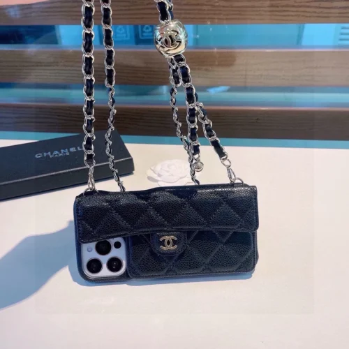 Chanel Caviar-Texture Quilted Flip Cardholder Phone Case with CC Ball-Adjustable Chain - Ref. PCCHANEL0113