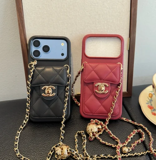 Chanel Diamond-Quilted Flip Cardholder Phone Case with Ball-Adjustable Chain - Ref. PCCHANEL0115