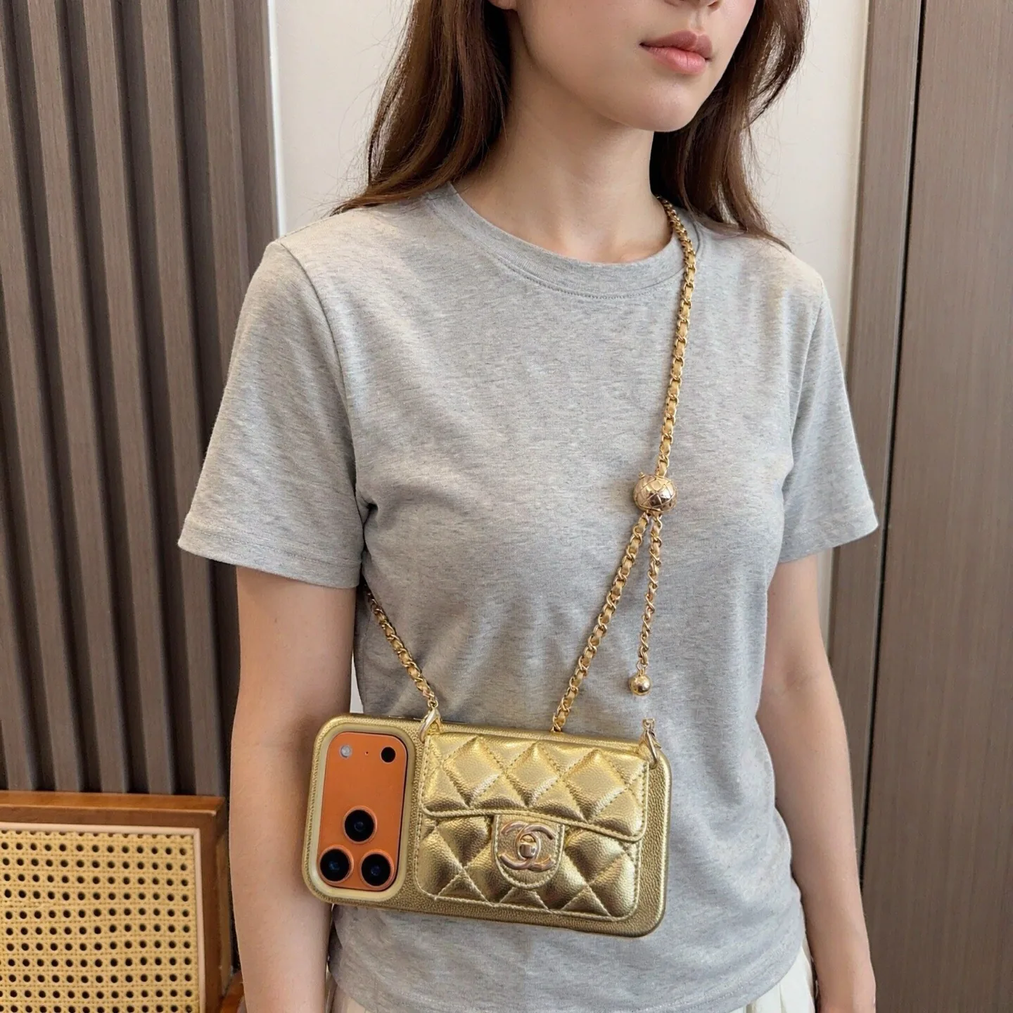 PCCHANEL0116-01 Chanel Caviar-Texture Quilted Flip Cardholder Phone Case with Ball-Adjustable Chain - Ref. PCCHANEL0116