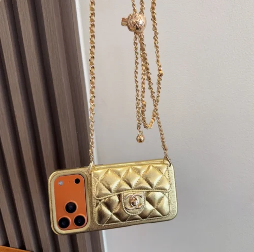 Chanel Caviar-Texture Quilted Flip Cardholder Phone Case with Ball-Adjustable Chain - Ref. PCCHANEL0116