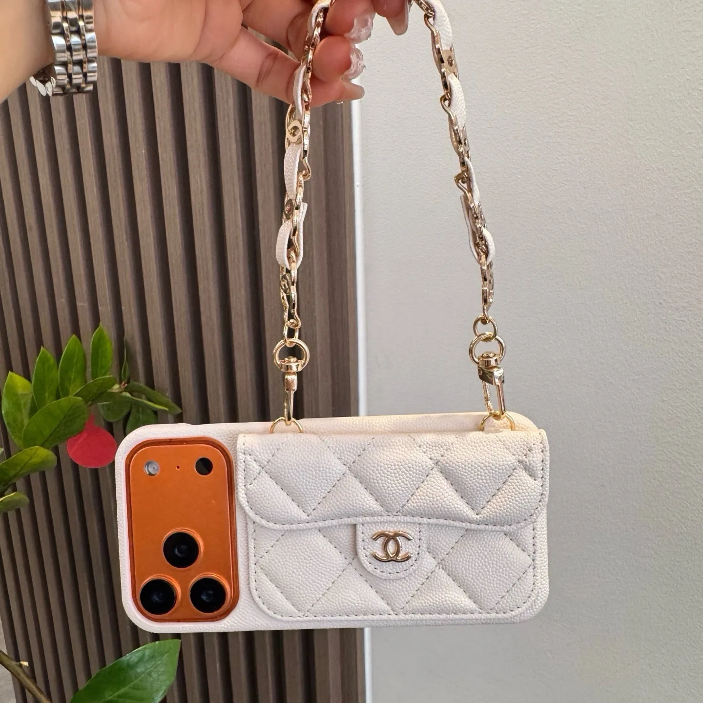 PCCHANEL0118-01 Chanel Caviar-Texture Quilted Flip Cardholder Phone Case with CC Chain Wrist Strap - Ref. PCCHANEL0118