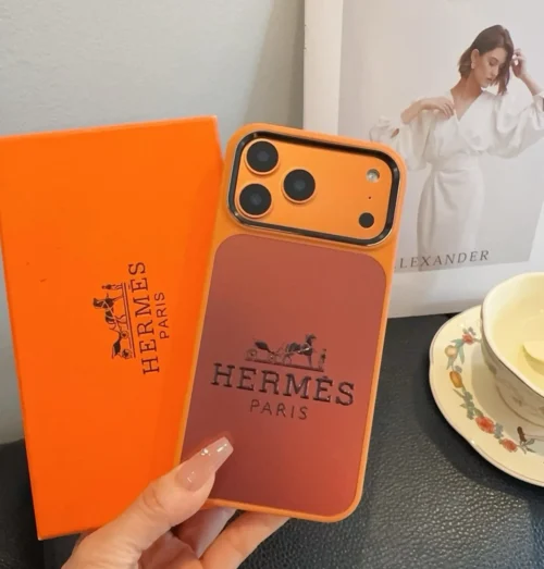 Hermes Cosmic Orange Glitter-Embossed Phone Case with Metal Camera Ring and Soft Edges - Ref. PCHERMES0018