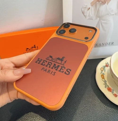 Hermes Cosmic Orange Glitter-Embossed Phone Case with Metal Camera Ring and Soft Edges - Ref. PCHERMES0018