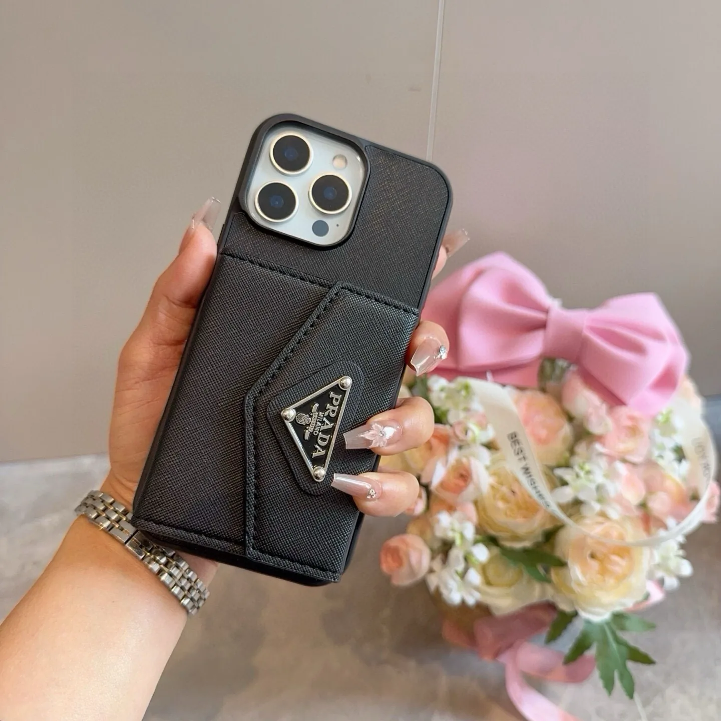 PCPRADA0040-01 Prada Crosshatch-Texture Full-Cover Phone Case with Trifold Accordion Card Wallet and Coin Purse - Ref. PCPRADA0040