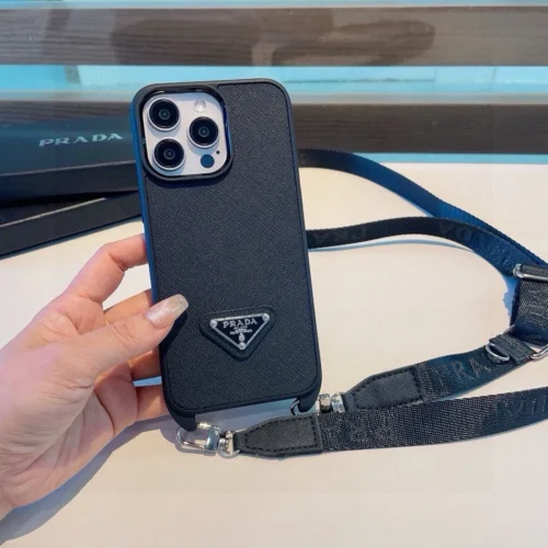 Prada Crosshatch Leather-Finish Crossbody Phone Case with Metal Logo and Soft Edges - Ref. PCPRADA0044
