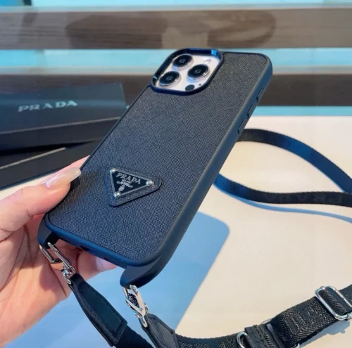 Prada Crosshatch Leather-Finish Crossbody Phone Case with Metal Logo and Soft Edges - Ref. PCPRADA0044
