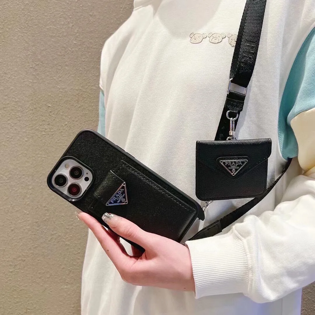 PCPRADA0048-01 Prada Crosshatch Leather-Finish Crossbody Cardholder Phone Case Set with Metal Logo - Ref. PCPRADA0048