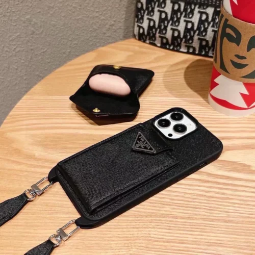 Prada Crosshatch Leather-Finish Crossbody Cardholder Phone Case Set with Metal Logo - Ref. PCPRADA0048