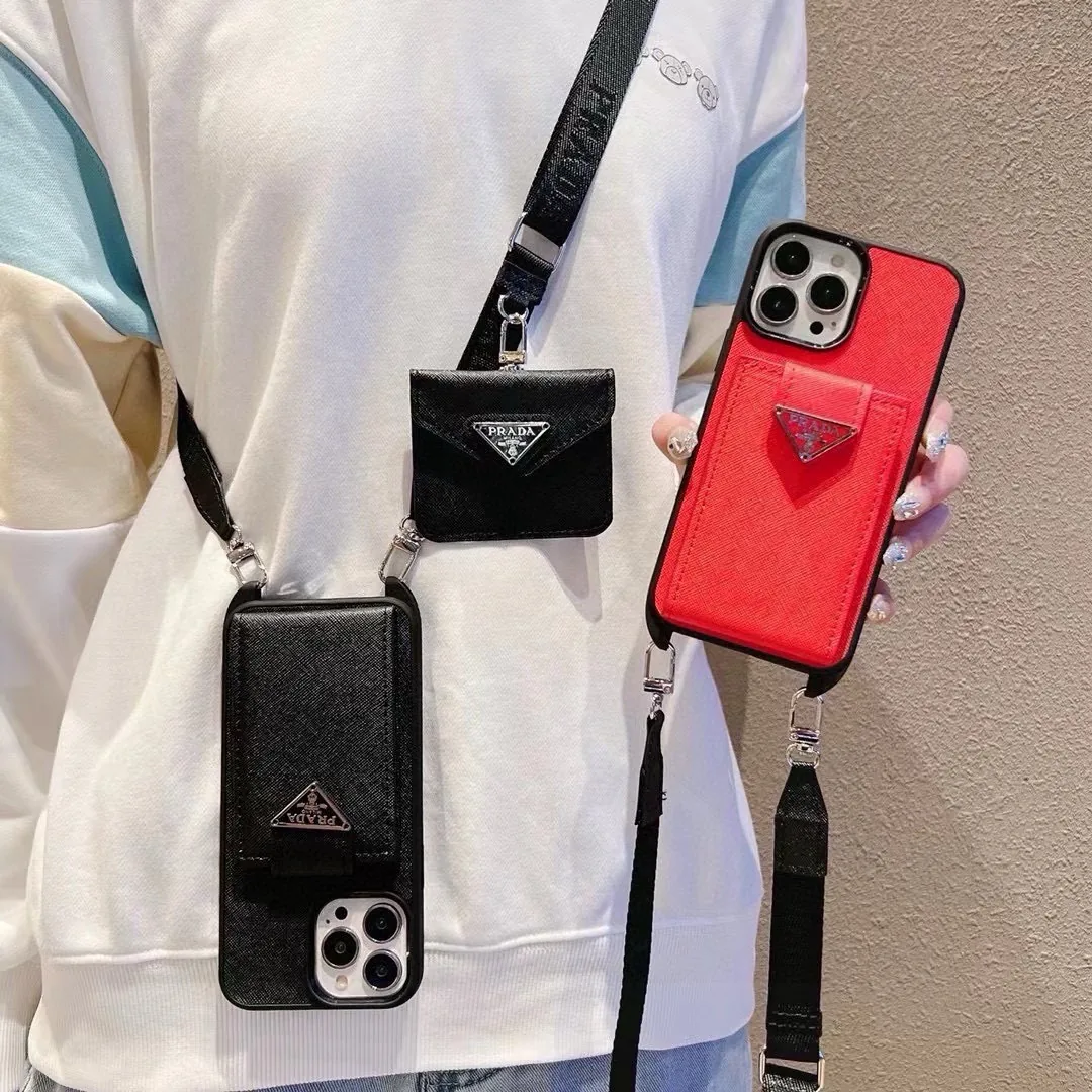 PCPRADA0054-01 Prada Crosshatch Leather-Finish Crossbody Cardholder Phone Case Set with Metal Logo - Ref. PCPRADA0054