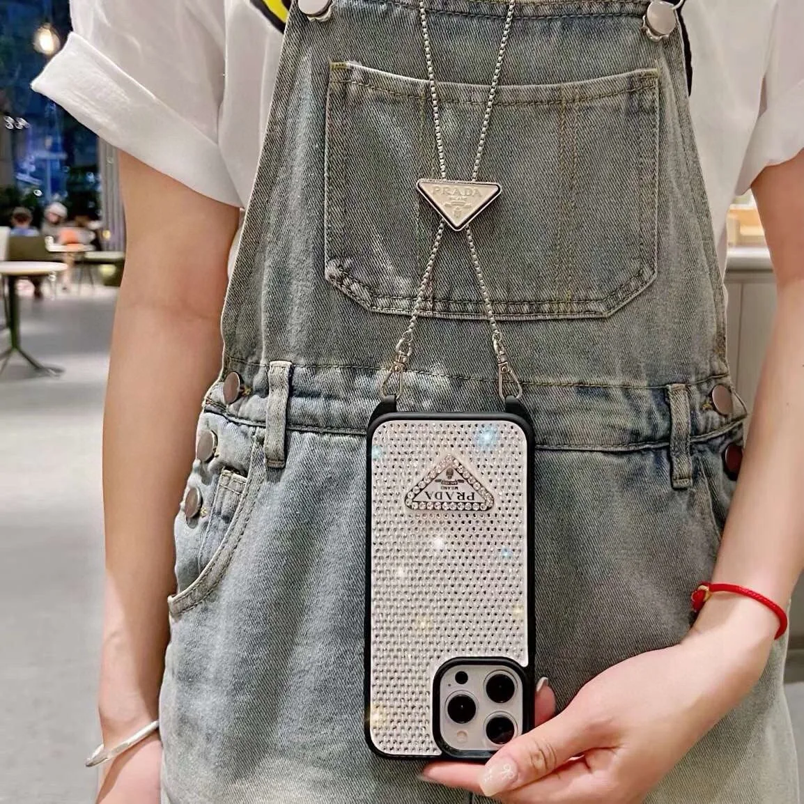 PCPRADA0056-01 Prada Hand-Applied Rhinestone Phone Case with Triangle-Logo Crossbody Chain - Ref. PCPRADA0056
