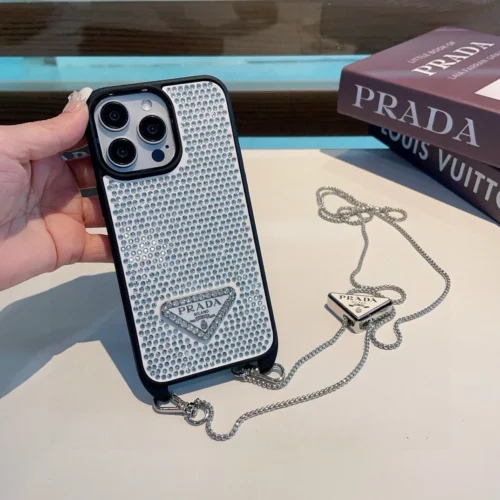 Prada Hand-Applied Rhinestone Phone Case with Triangle-Logo Crossbody Chain - Ref. PCPRADA0056