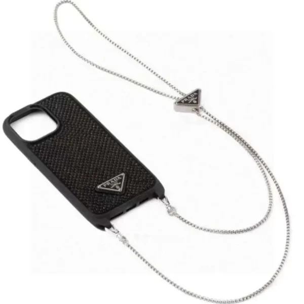 PCPRADA0061-01 Prada Hand-Applied Rhinestone Phone Case with Triangle-Logo Crossbody Chain - Ref. PCPRADA0061